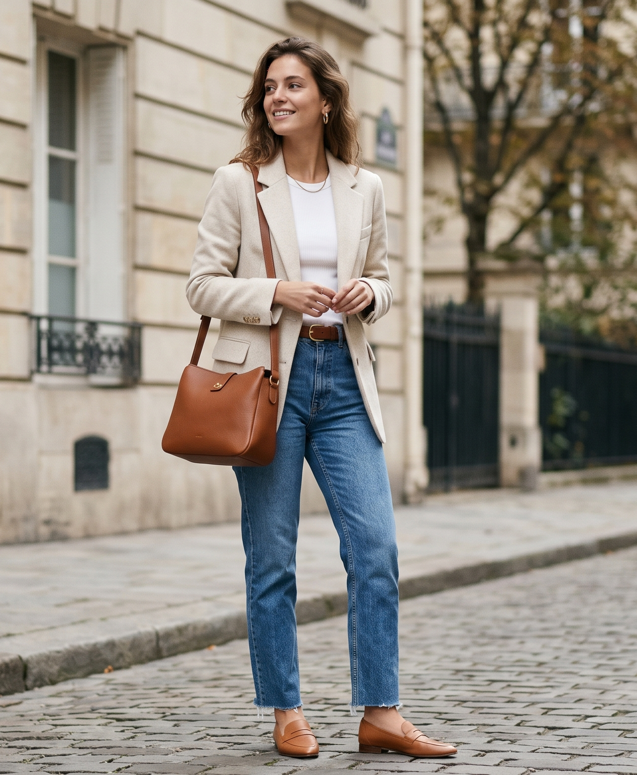 Frau mit cremefarbenem Blazer, Jeans und brauner Schultertasche